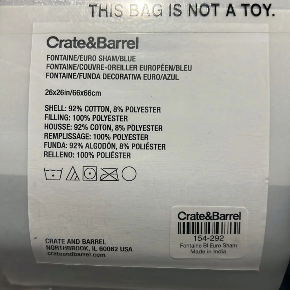 Crate & Barrel New in Package Fontaine Blue Euro Sham